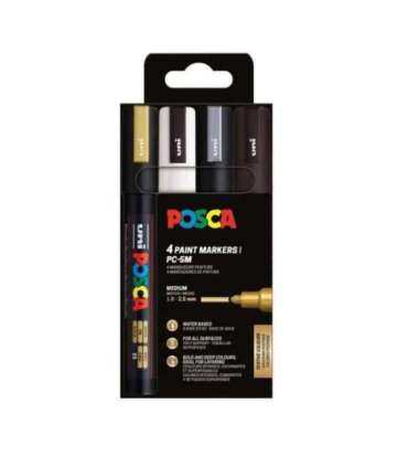 uni POSCA маркер PC-5M, 1,8–2,5 мм, 4 шт.: золото, белый, серебро, чёрный