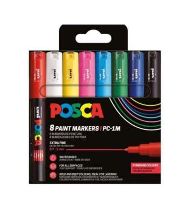 uni POSCA маркер PC-1M, сверхтонкий наконечник 0,7 мм, 8 шт., стандартные цвета