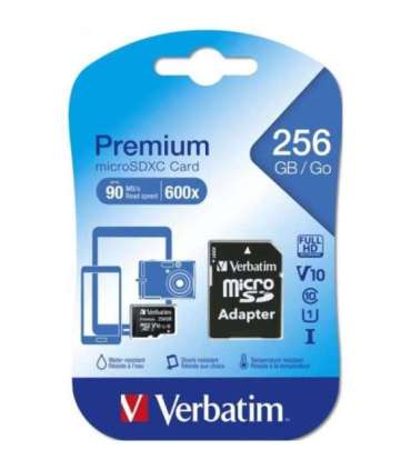 Verbatim 44087 Micro SDCX Premium U1, 256 GB, MicroSDXC, Class 10, UHS-I, 90 MB/s, 10 MB/s