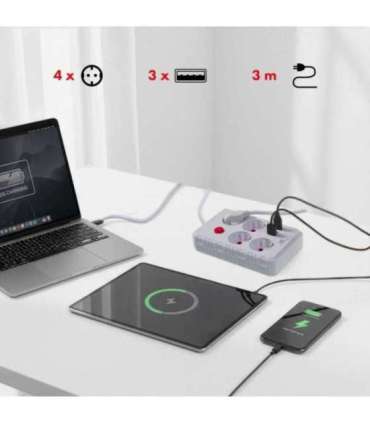 Power strip MCE393 W, 4 sockets 3xUSB, 110-240V AC 50/60Hz. 2.1A max 2500W, 3m white