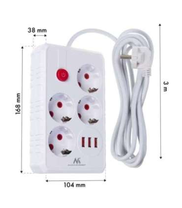 Power strip MCE393 W, 4 sockets 3xUSB, 110-240V AC 50/60Hz. 2.1A max 2500W, 3m white