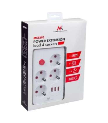 Power strip MCE393 W, 4 sockets 3xUSB, 110-240V AC 50/60Hz. 2.1A max 2500W, 3m white