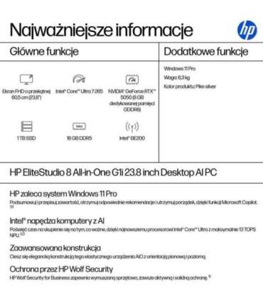 HP Elite Studio 8 AiO G1i Ultra 7 265 23.8"FHD 250nits IPS LBL AG 16GB DDR5 5600 SSD1TB Intel Graphics Cam5MP W11Pro 3Y