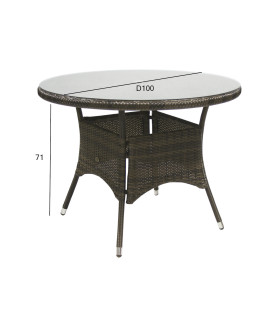 Laud WICKER D100xH71cm, lauaplaat: läbipaistev klaas, alumiiniumraam plastikpunutisega, värvus: tumepruun