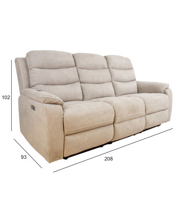 Diivan MIMI 3-kohaline elektriline recliner 208x93xH102cm, helehall