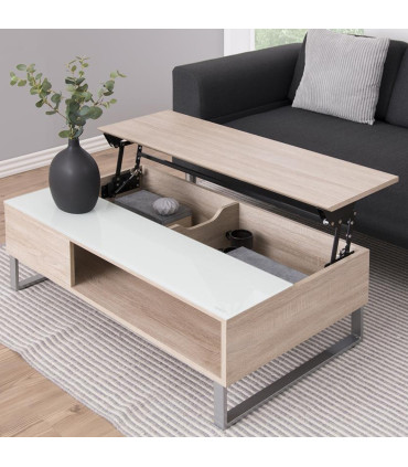 Diivanilaud AZALEA 110x60x35cm, lauaplaat: mööbliplaat/valge klaas 5mm, värvus: tamm, jalg: kroomitud metall