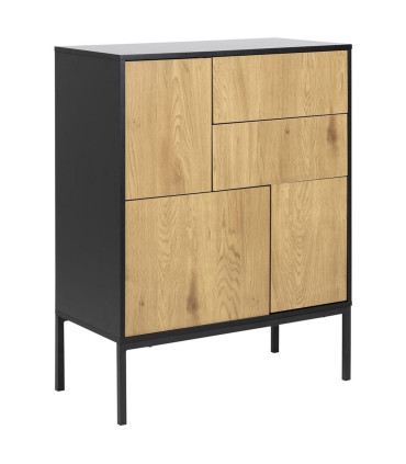 Kummut SEAFORD 80x40xH103cm, 2 sahtliga, raam: MDF, lakitud must matt, 3 ust: lamineeritud kattega mööbliplaat