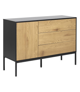 Kummut SEAFORD 120x40xH82cm, 3 sahtliga, raam: MDF, must matt, 1 uks: lamineeritud kattega mööbliplaat, värvus: tamm