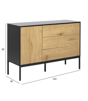 Комод SEAFORD, 120x40xH82см, рама из МДФ, лакированная, черный матовый, 1 дверца, шпон дуба, 3 ящика, с порошковым покры