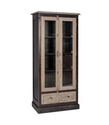 Шкаф-витрина WATSON 90x45xH192см, с 2-ящиками и 2 дверьми, материал: шпон дуба / дуб, берёза, цвет: дуб / антично-чёрный