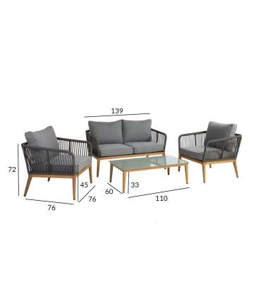 Комплект садовой мебели STRING стол, диван и 2 стула, алюминиевая рама цвета дерева с серым плетением веревки, серые под